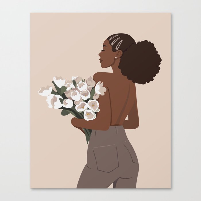 Black woman with white tulips Canvas Print