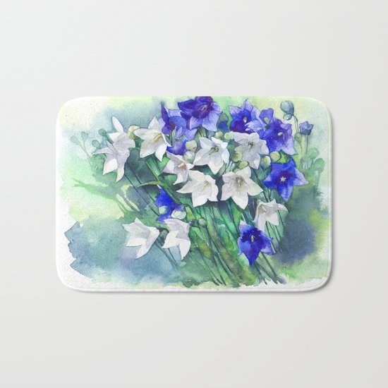 Campanula watercolor flowers, aquarelle bellflowers Bath Mat