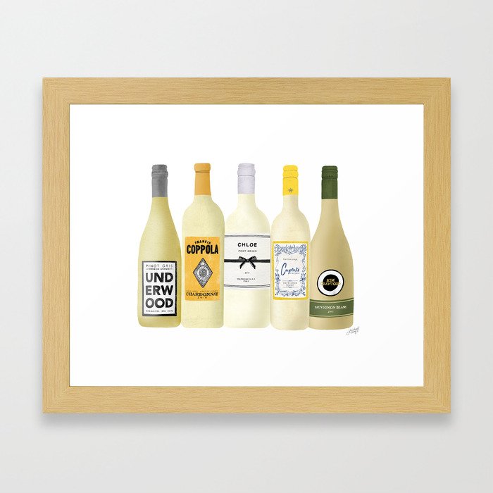White Wine Bottles Illustration Framed Art Print