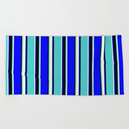 [ Thumbnail: Blue, Light Yellow, Turquoise, and Black Colored Striped/Lined Pattern Beach Towel ]