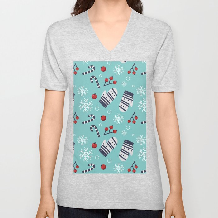 Christmas Pattern Turquoise Glove Holly V Neck T Shirt
