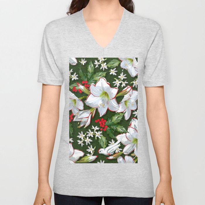 Christmas Amaryllis + Holly Pattern V Neck T Shirt