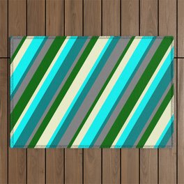 [ Thumbnail: Vibrant Gray, Dark Green, Light Yellow, Aqua, and Teal Colored Lines Pattern Outdoor Rug ]