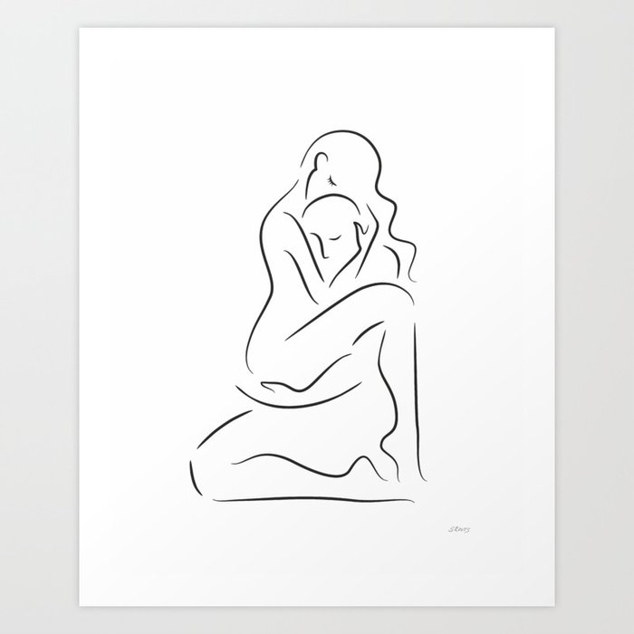 Minimalist lovers art print. Erotic line drawing sketch for bedroom. Art Print