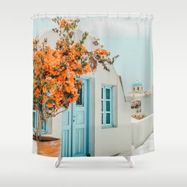 Greece Airbnb, Greece Photography Travel Digital Art, Scenic Landscape Architecture, White Building Shower Curtain