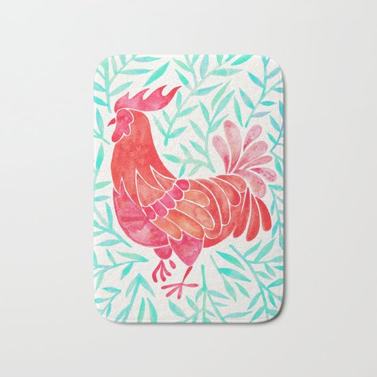 Le Coq – Watercolor Rooster with Mint Leaves Bath Mat