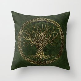Tree of life -Yggdrasil -green and gold Throw Pillow