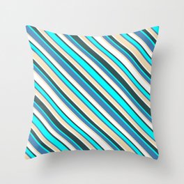 [ Thumbnail: Eye-catching Blue, Tan, White, Dark Slate Gray, and Cyan Colored Lined/Striped Pattern Throw Pillow ]