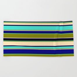 [ Thumbnail: Turquoise, Green, Beige, Blue & Black Colored Striped/Lined Pattern Beach Towel ]