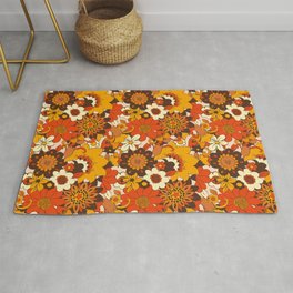 Retro 70s Flower Power, Floral, Orange Brown Yellow Psychedelic Pattern Area & Throw Rug