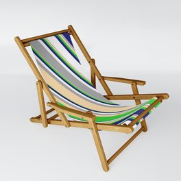 [ Thumbnail: Eyecatching Dark Grey, Tan, Lime Green, Midnight Blue, and White Colored Pattern of Stripes Sling Chair ]
