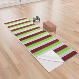 [ Thumbnail: Vibrant Teal, Tan, Chartreuse, Lavender & Maroon Colored Striped/Lined Pattern Yoga Towel ]