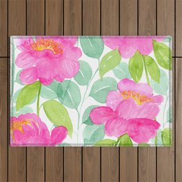 Peonies + Eucalyptus - Watercolor Floral Print  Outdoor Rug