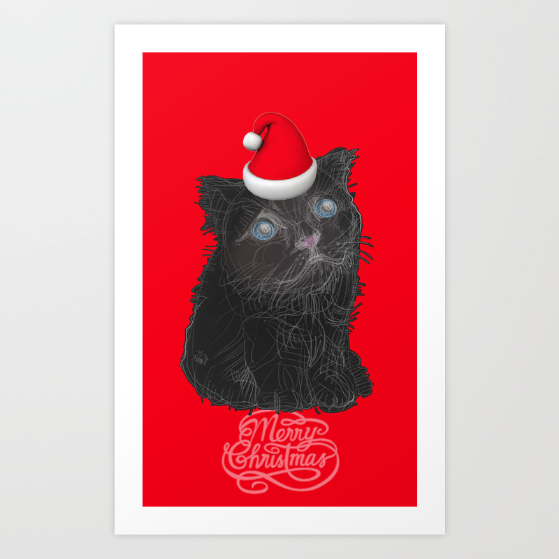 Emotional Black Christmas Cat Original Drawing By Acci Art Print