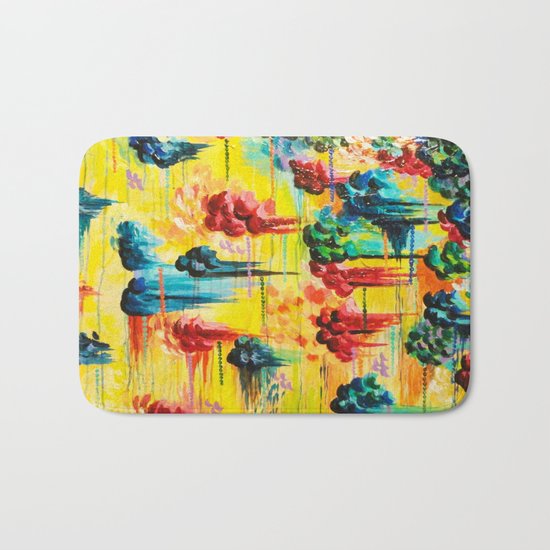 HERE COMES THE RAIN - Abstract Acrylic Painting Rain Storm Clouds Colorful Rainbow Modern Impasto Bath Mat