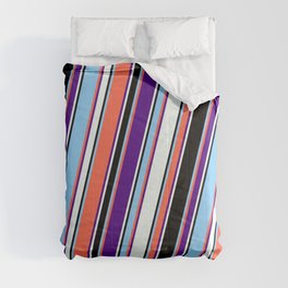 [ Thumbnail: Eyecatching Red, Indigo, Mint Cream, Black, and Light Sky Blue Colored Pattern of Stripes Comforter ]