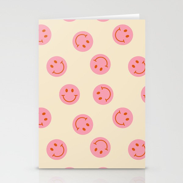 70s Retro Smiley Face Pattern in Beige & Pink Stationery Cards