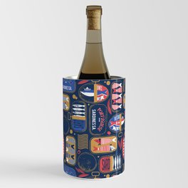 Vintage canned sardines // navy blue background peacock teal and mandy red cans  Wine Chiller