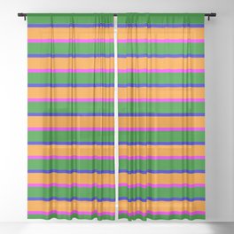 [ Thumbnail: Blue, Dark Orange, Fuchsia, and Green Stripes/Lines Pattern Sheer Curtain ]