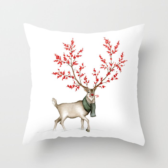 Rudolph the Winterberry Antler'd Reindeer Throw Pillow