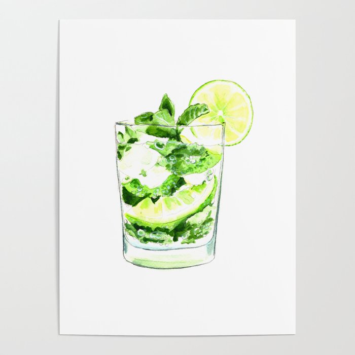 Cocktails. Mojito. Watercolor Painting. Poster