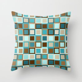 Mid Century Modern Geometric Square Boxes // Caribbean Blue, Ocean Blue, Dark Brown, Coffee Brown, Khaki Throw Pillow