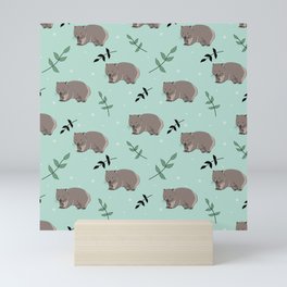 Wombats & Leaves- mint green background Mini Art Print