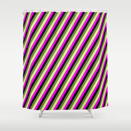 [ Thumbnail: Pale Goldenrod, Fuchsia, Black & Green Colored Lined/Striped Pattern Shower Curtain ]