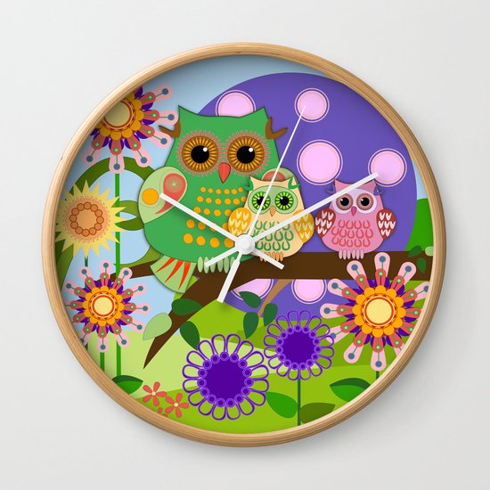 Owls, Flowers Fantasy design Wall Clock
