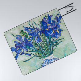 Iris Bouquet in Chinoiserie Vase on Blue and White Striped Tablecloth on Painterly Mint Green Picnic Blanket