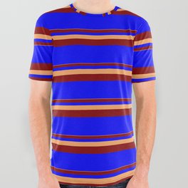 [ Thumbnail: Brown, Maroon, and Blue Colored Lined Pattern All Over Graphic Tee ]