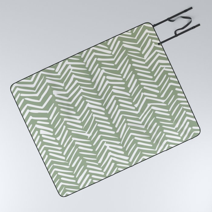 Boho, Abstract, Herringbone Pattern, Sage Green and White Picnic Blanket