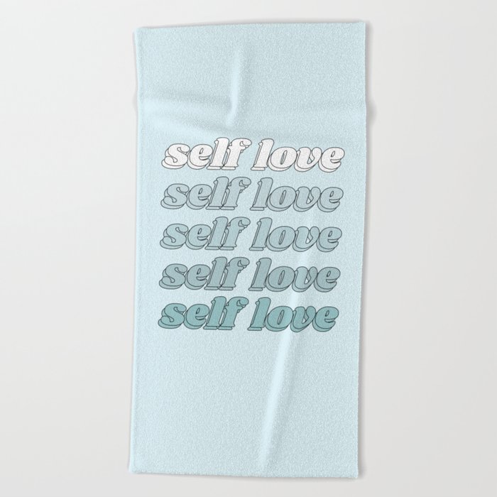 Cute Positive Quote | "Self Love" Text | Minimal & Aesthetic Blue Gradient Color Palette Beach Towel
