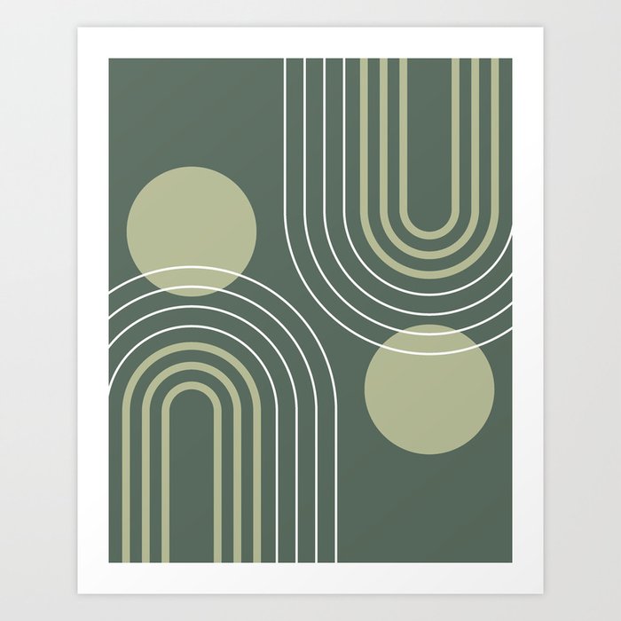 Mid Century Modern Geometric 143 in Forest Sage Green (Rainbow and Sun Abstraction) Art Print