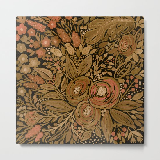 Watercolor . Black brown floral pattern . Metal Print