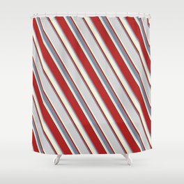 [ Thumbnail: Red, Light Slate Gray, Light Grey & Beige Colored Pattern of Stripes Shower Curtain ]