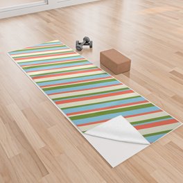 [ Thumbnail: Red, Beige, Green, and Sky Blue Colored Stripes Pattern Yoga Towel ]