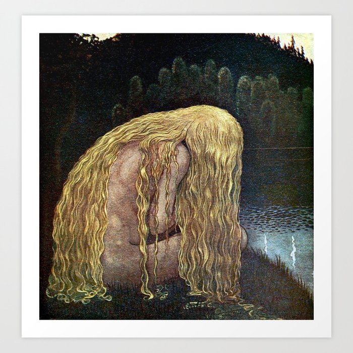The Girl Who Lost It All, blond nude at the lakeside magical realism painting by John Bauer Art Print