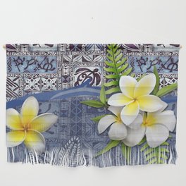 Blue Hawaiian Tapa and Plumeria Wall Hanging