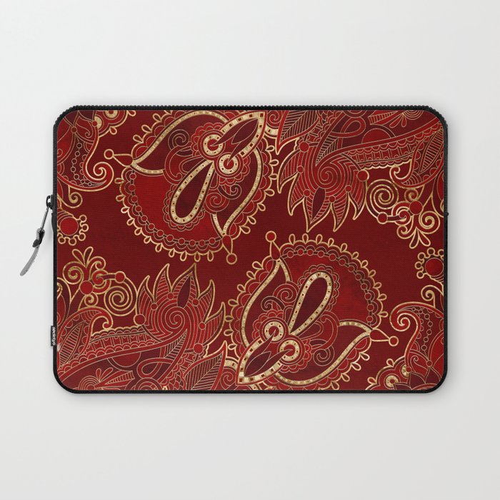 Paisley Floral  Ornament Ruby red and gold Laptop Sleeve