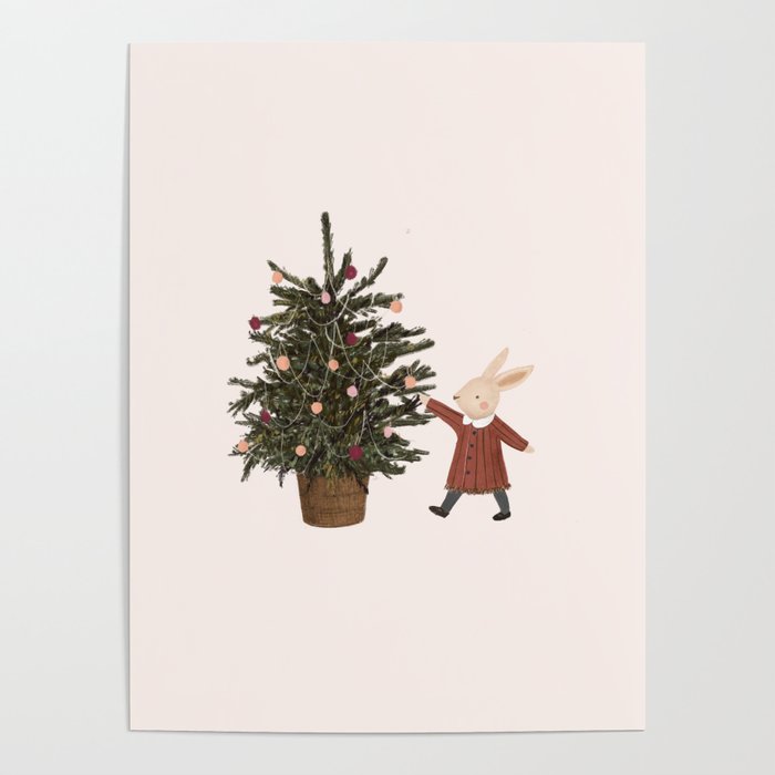 Retro bunny and Christmas tree  Poster