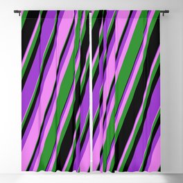 [ Thumbnail: Dark Orchid, Violet, Forest Green, and Black Colored Lines Pattern Blackout Curtain ]
