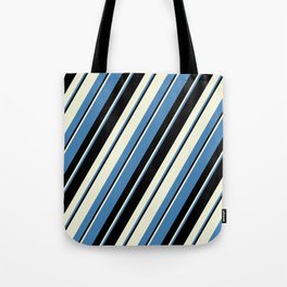 [ Thumbnail: Beige, Blue & Black Colored Pattern of Stripes Tote Bag ]