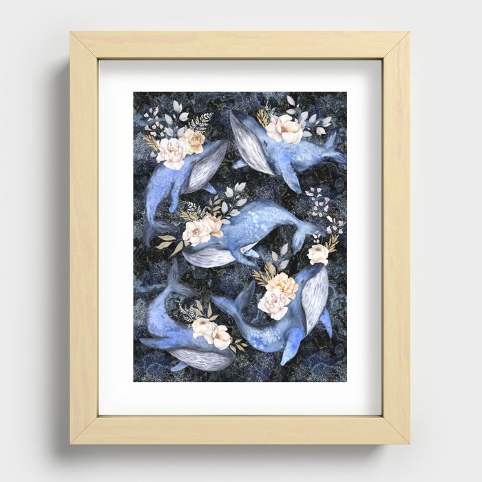 Watercolor Blue Whales with Flowers - Florals Whales Marine Recessed Framed Print