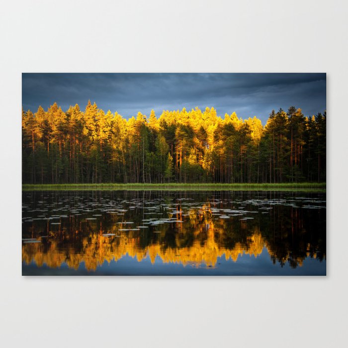 Mirrored autumn lake with golden foliage reflection as sun sets alpine color photograph / photography Canvas Print