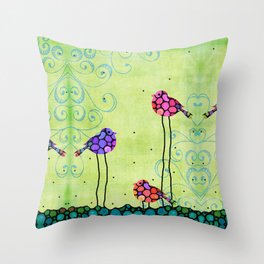 Three Birds - Spring Art By Sharon Cummings Throw Pillow | Fun, Abstract, Pink, Mosaic, Chicks, Whimsical, Animal, Happy, Green, Bird 