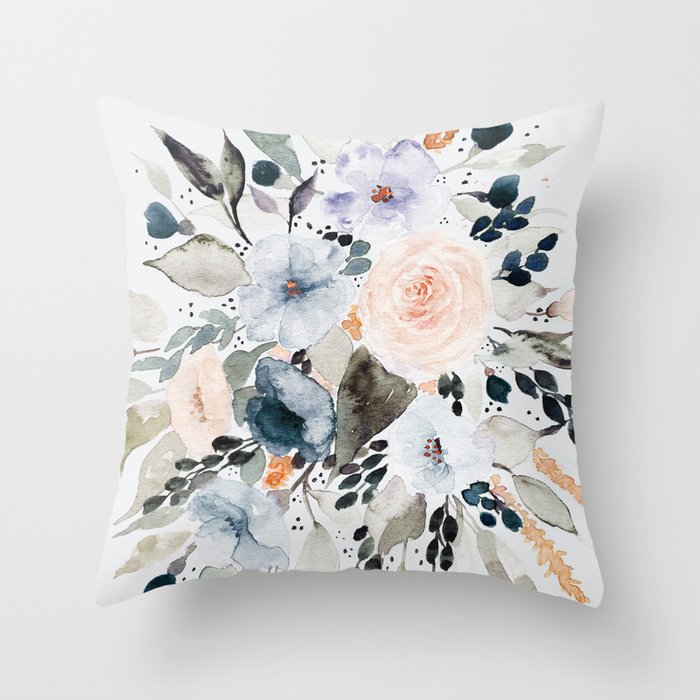 Loose Blue and Peach Floral Watercolor Bouquet  Throw Pillow