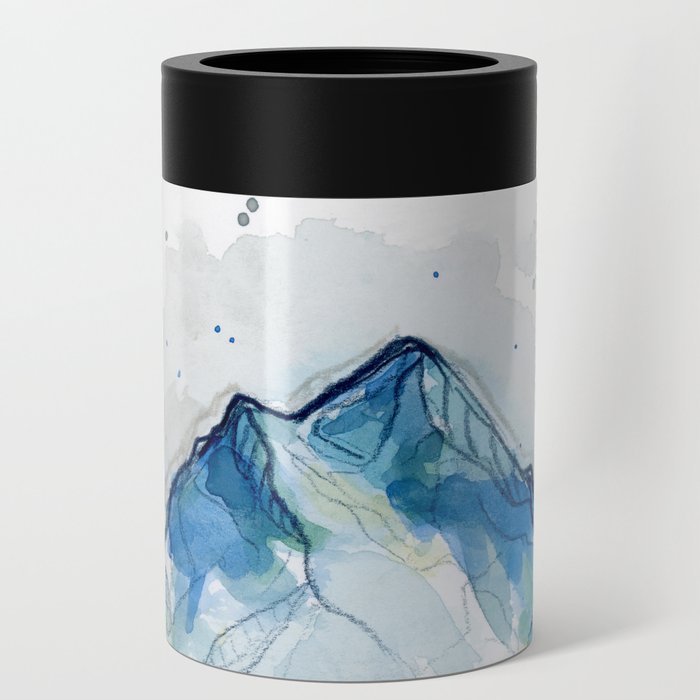 Blue watercolor mountains in the trees Can Cooler