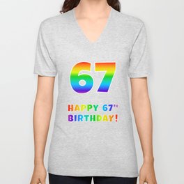 [ Thumbnail: HAPPY 67TH BIRTHDAY - Multicolored Rainbow Spectrum Gradient V Neck T Shirt V-Neck T-Shirt ]