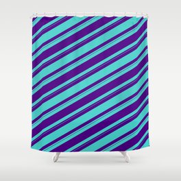 [ Thumbnail: Indigo & Turquoise Colored Striped/Lined Pattern Shower Curtain ]